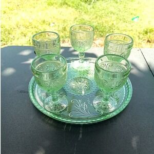 Tiara exclusive Indiana glass green Chantilly serving tray and 5 water goblets